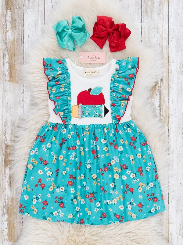 Teal Floral School Time Ruffle Dress