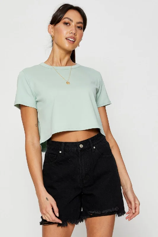 Green T Shirt Short Sleeve Crop Crew Neck Cotton