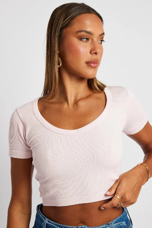 Pink Crop T Shirt Short Sleeve V Neck Seamless